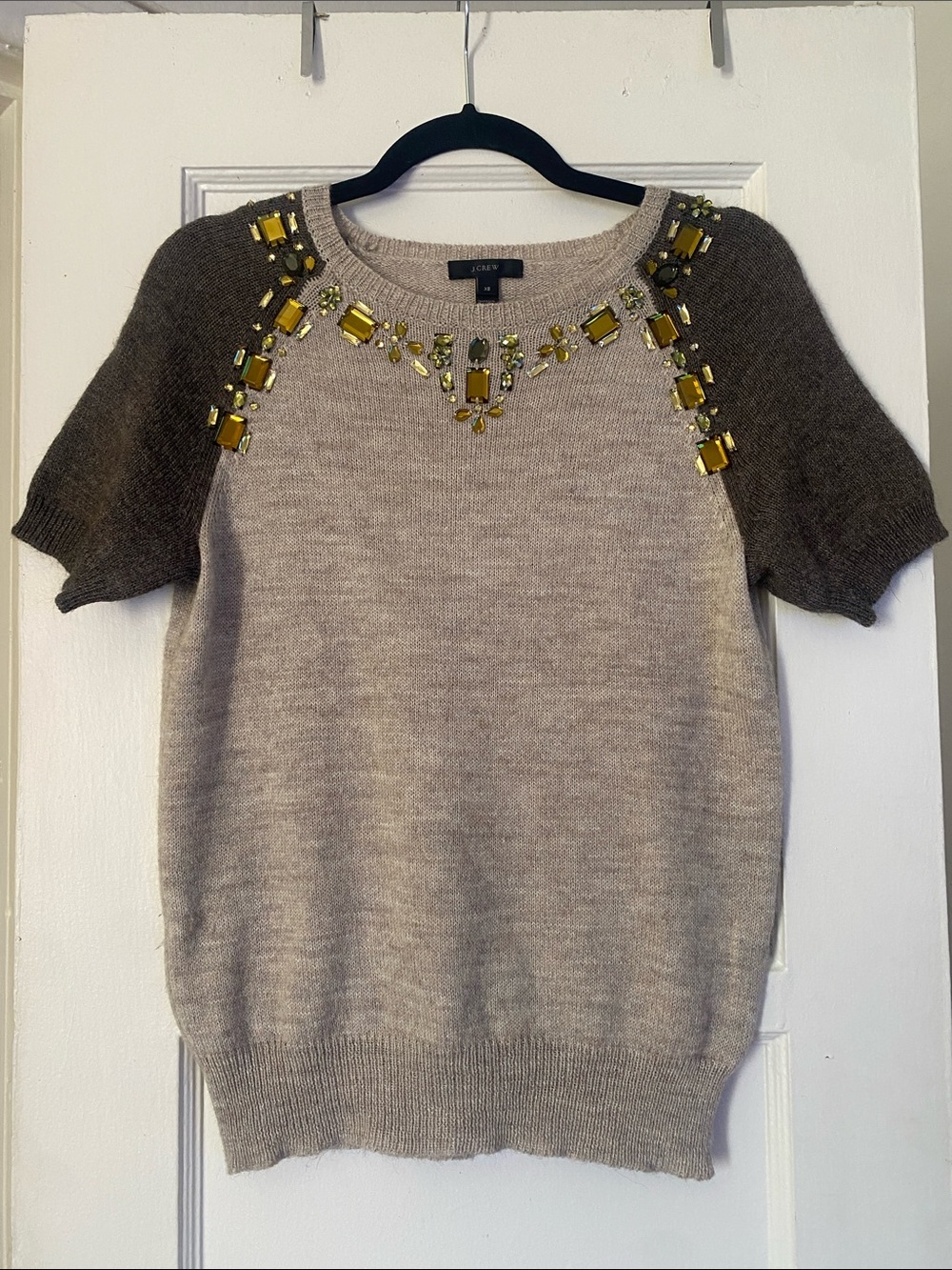J. Crew Two-Tone Short Sleeve Sweater with Jewel Embellishment Size XS